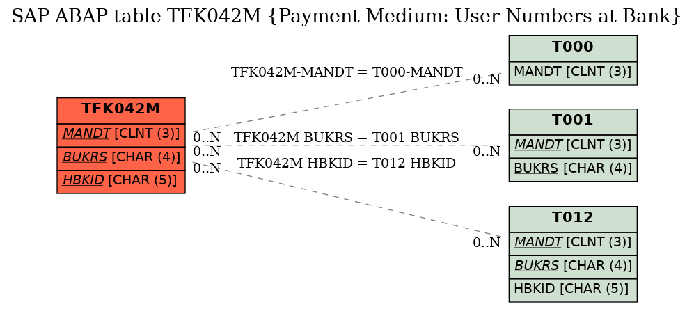 E-R Diagram for table TFK042M (Payment Medium: User Numbers at Bank)
