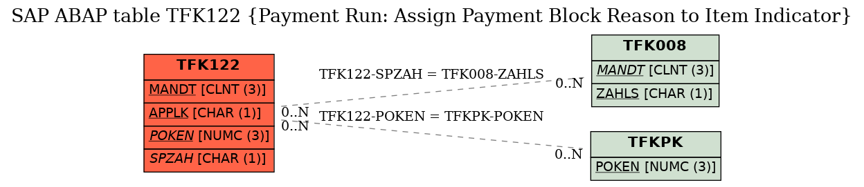 E-R Diagram for table TFK122 (Payment Run: Assign Payment Block Reason to Item Indicator)