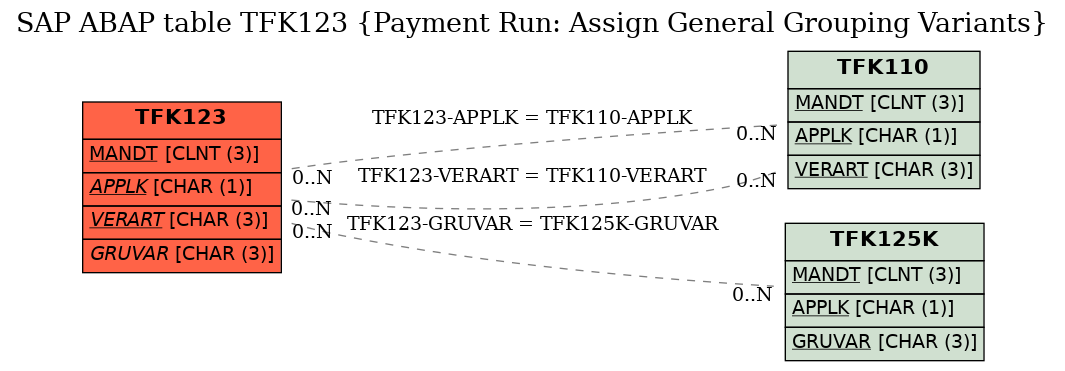 E-R Diagram for table TFK123 (Payment Run: Assign General Grouping Variants)