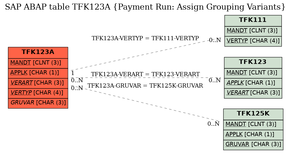 E-R Diagram for table TFK123A (Payment Run: Assign Grouping Variants)