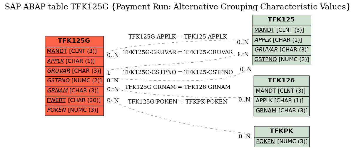 E-R Diagram for table TFK125G (Payment Run: Alternative Grouping Characteristic Values)