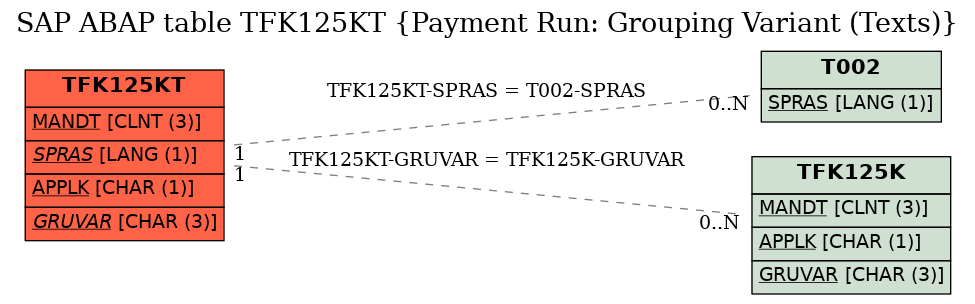 E-R Diagram for table TFK125KT (Payment Run: Grouping Variant (Texts))