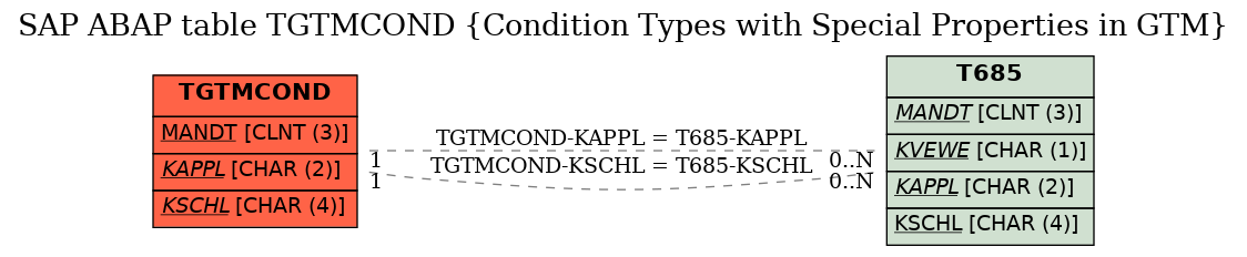 E-R Diagram for table TGTMCOND (Condition Types with Special Properties in GTM)