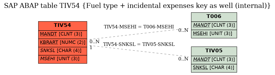 E-R Diagram for table TIV54 (Fuel type + incidental expenses key as well (internal))