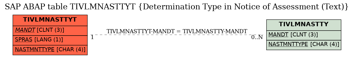 E-R Diagram for table TIVLMNASTTYT (Determination Type in Notice of Assessment (Text))