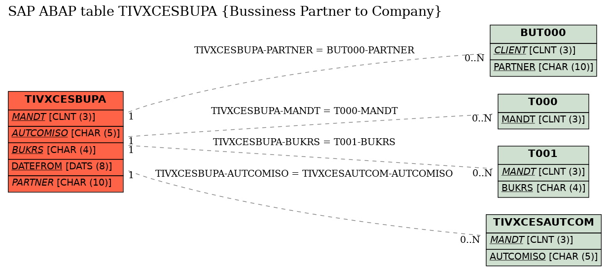 E-R Diagram for table TIVXCESBUPA (Bussiness Partner to Company)