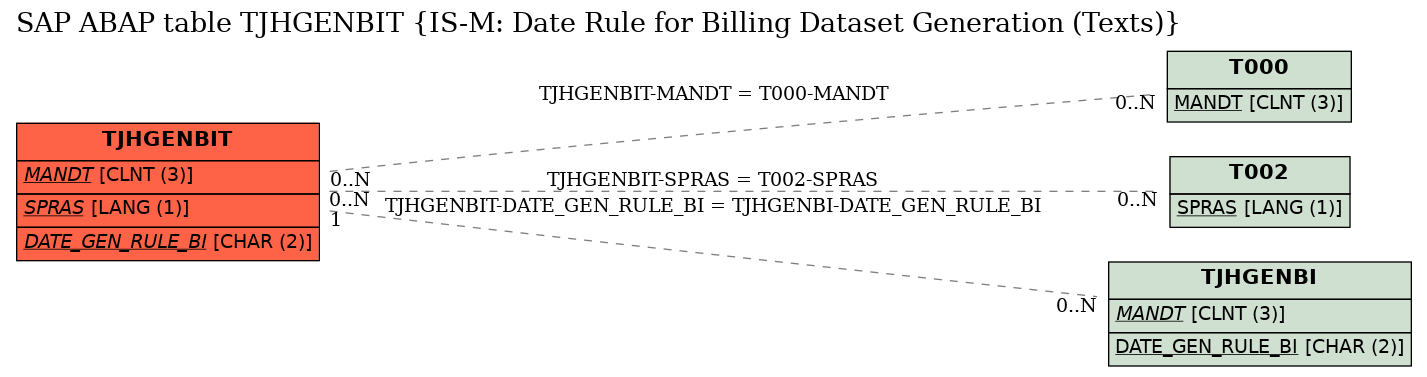 E-R Diagram for table TJHGENBIT (IS-M: Date Rule for Billing Dataset Generation (Texts))