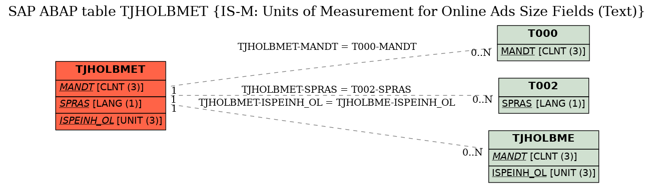 E-R Diagram for table TJHOLBMET (IS-M: Units of Measurement for Online Ads Size Fields (Text))