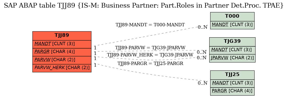 E-R Diagram for table TJJ89 (IS-M: Business Partner: Part.Roles in Partner Det.Proc. TPAE)