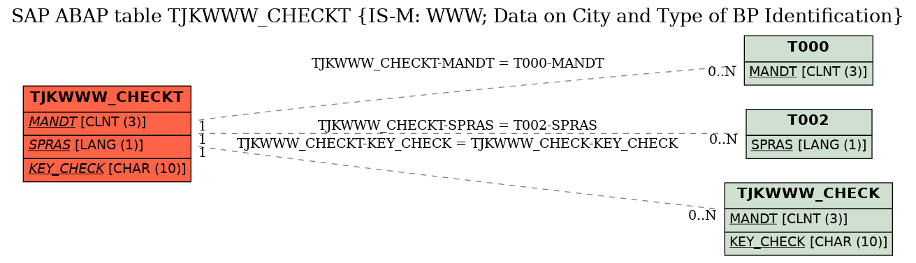 E-R Diagram for table TJKWWW_CHECKT (IS-M: WWW; Data on City and Type of BP Identification)