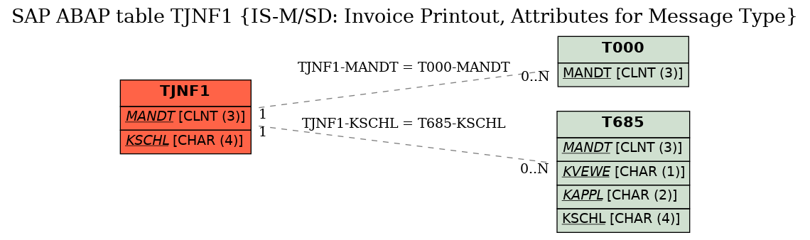 E-R Diagram for table TJNF1 (IS-M/SD: Invoice Printout, Attributes for Message Type)