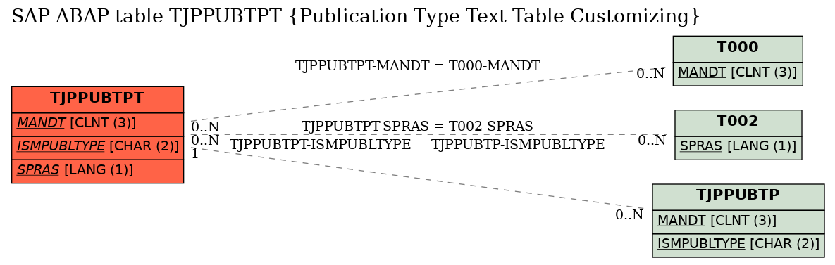 E-R Diagram for table TJPPUBTPT (Publication Type Text Table Customizing)