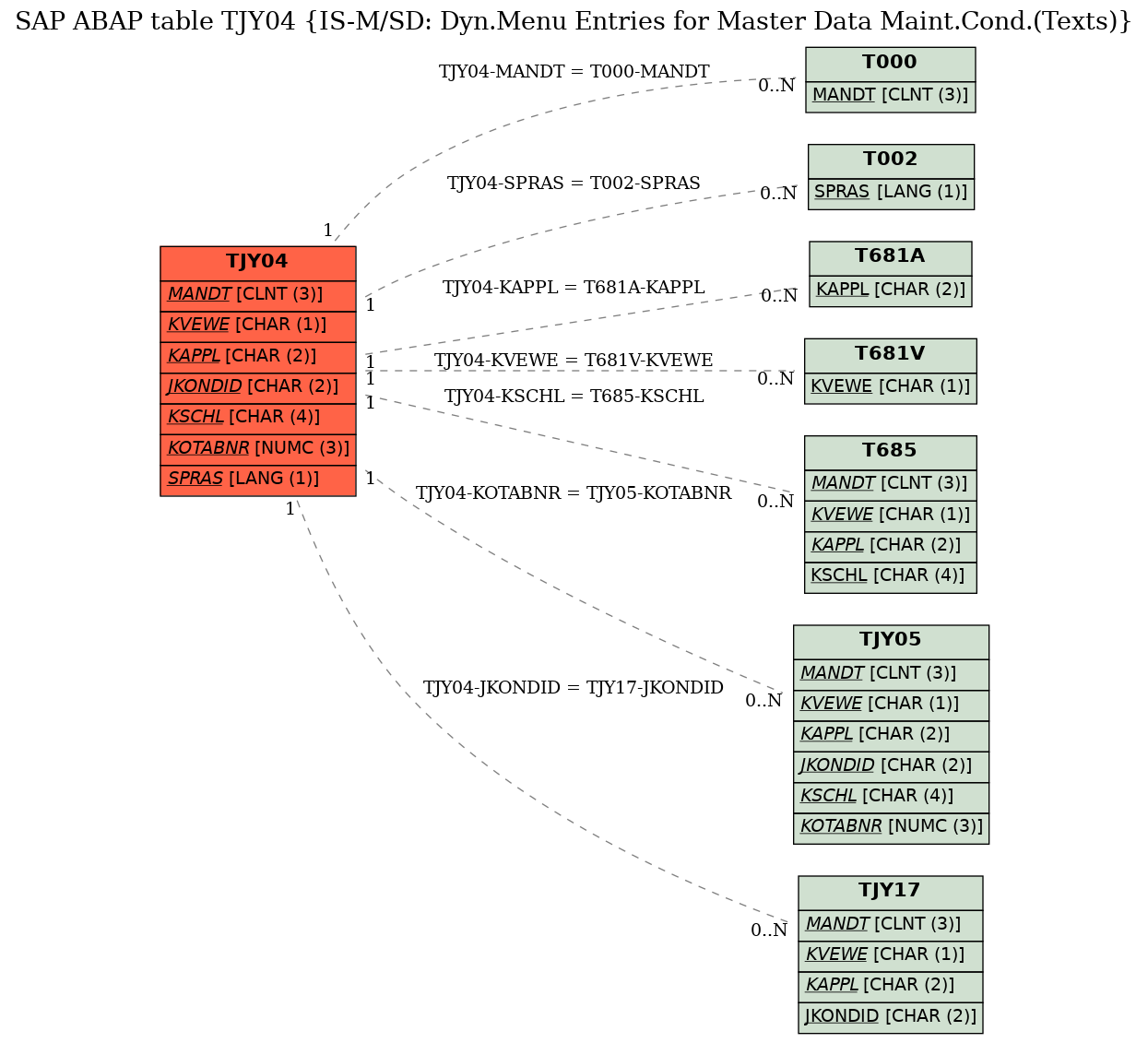 E-R Diagram for table TJY04 (IS-M/SD: Dyn.Menu Entries for Master Data Maint.Cond.(Texts))