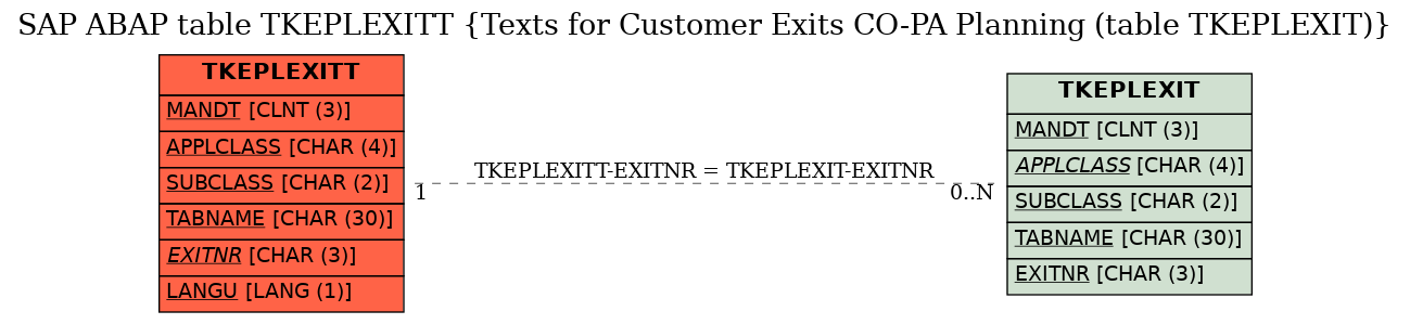 E-R Diagram for table TKEPLEXITT (Texts for Customer Exits CO-PA Planning (table TKEPLEXIT))