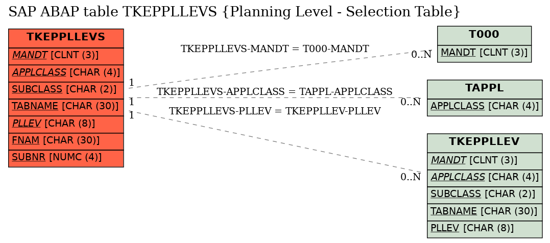 E-R Diagram for table TKEPPLLEVS (Planning Level - Selection Table)