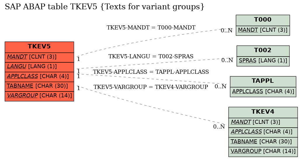 E-R Diagram for table TKEV5 (Texts for variant groups)