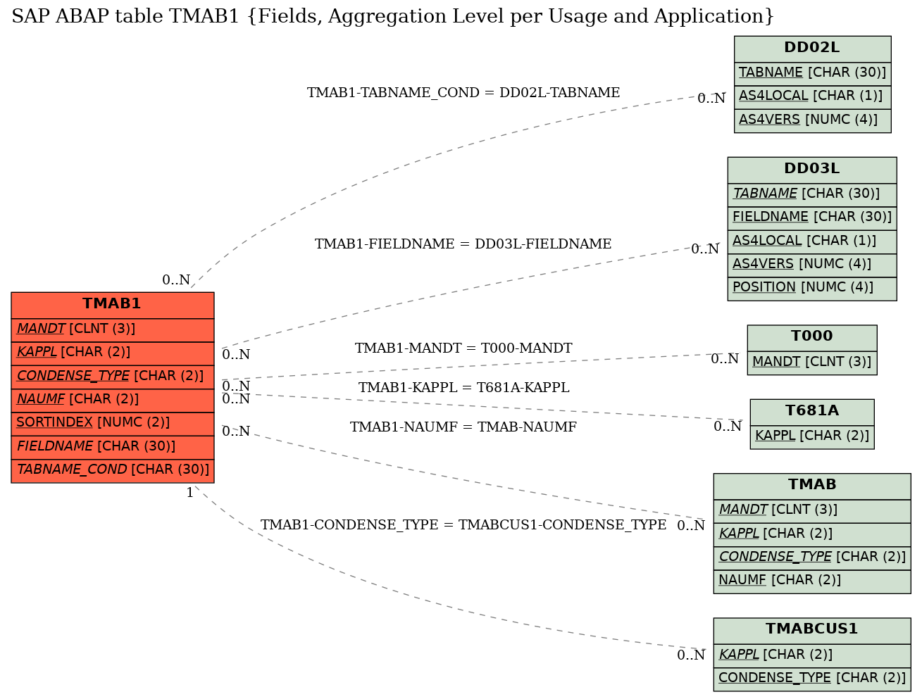 E-R Diagram for table TMAB1 (Fields, Aggregation Level per Usage and Application)