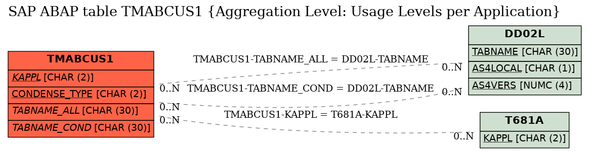 E-R Diagram for table TMABCUS1 (Aggregation Level: Usage Levels per Application)