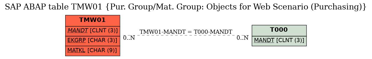 E-R Diagram for table TMW01 (Pur. Group/Mat. Group: Objects for Web Scenario (Purchasing))