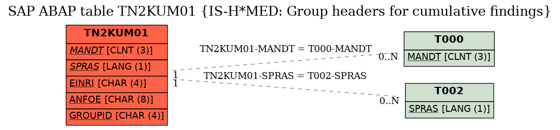 E-R Diagram for table TN2KUM01 (IS-H*MED: Group headers for cumulative findings)