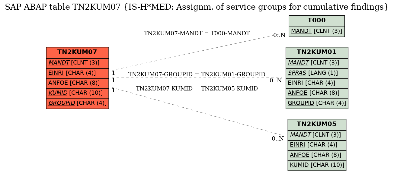 E-R Diagram for table TN2KUM07 (IS-H*MED: Assignm. of service groups for cumulative findings)