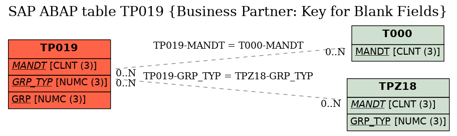 E-R Diagram for table TP019 (Business Partner: Key for Blank Fields)