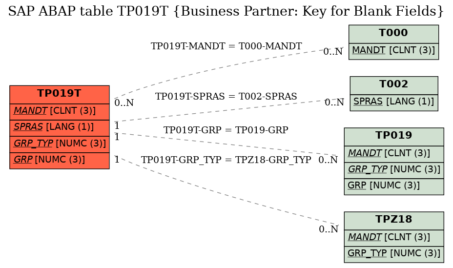 E-R Diagram for table TP019T (Business Partner: Key for Blank Fields)