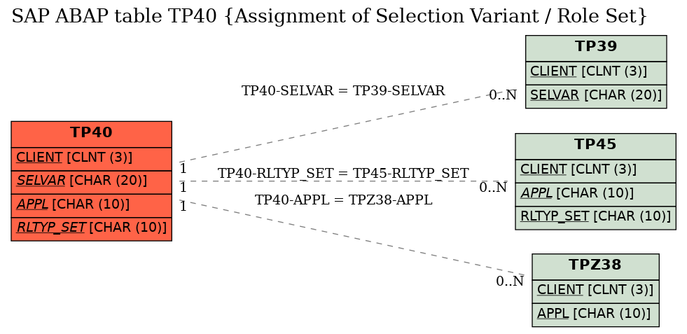 E-R Diagram for table TP40 (Assignment of Selection Variant / Role Set)