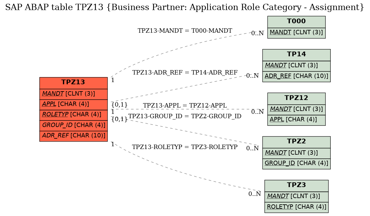 E-R Diagram for table TPZ13 (Business Partner: Application Role Category - Assignment)