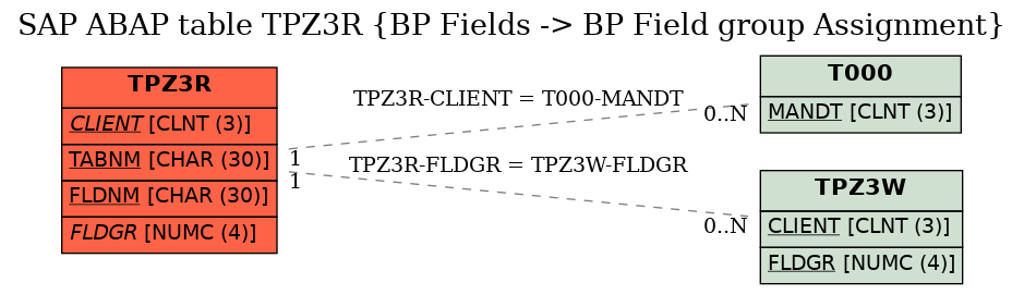 E-R Diagram for table TPZ3R (BP Fields -> BP Field group Assignment)