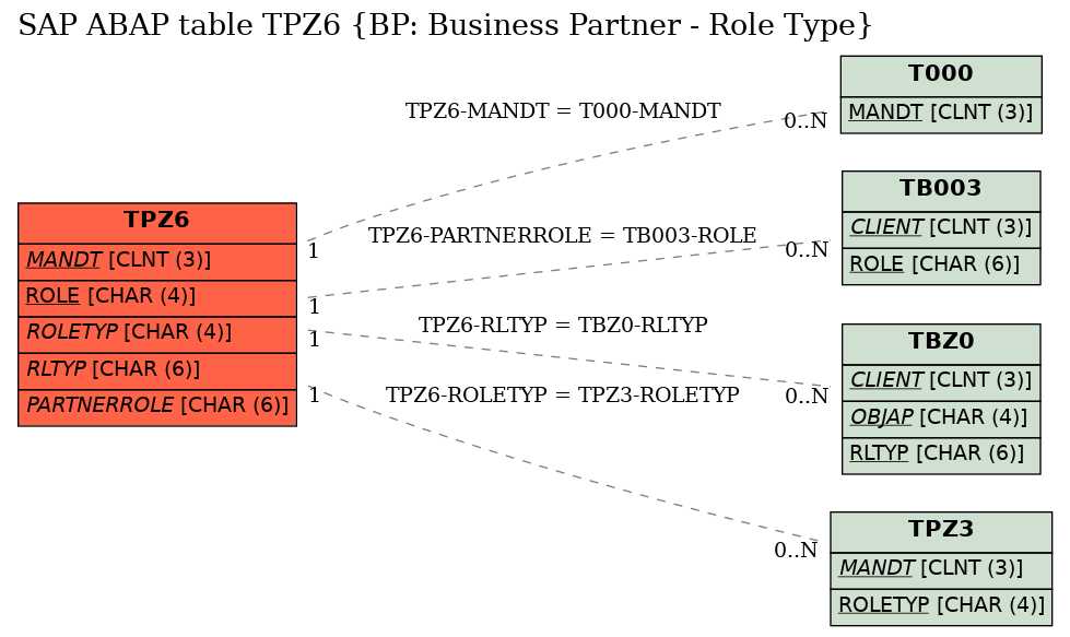 E-R Diagram for table TPZ6 (BP: Business Partner - Role Type)