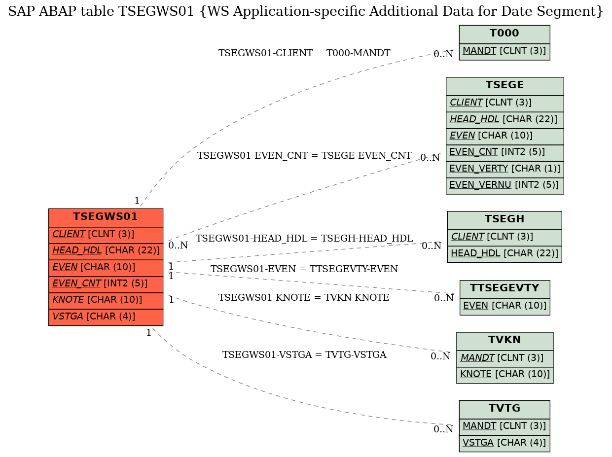 E-R Diagram for table TSEGWS01 (WS Application-specific Additional Data for Date Segment)