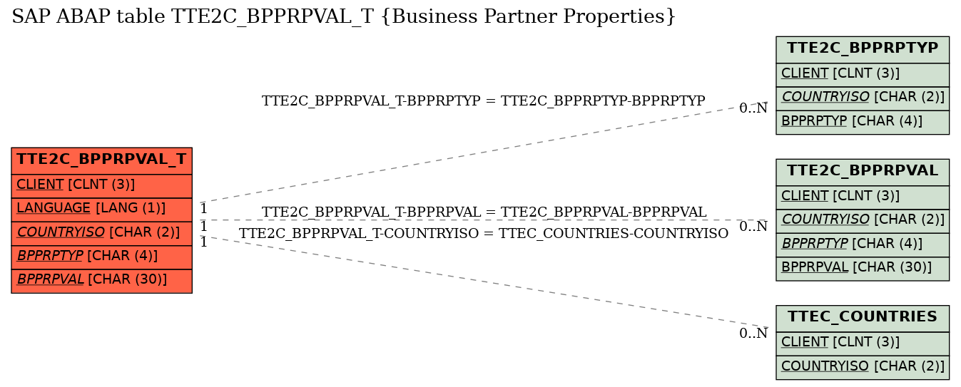 E-R Diagram for table TTE2C_BPPRPVAL_T (Business Partner Properties)