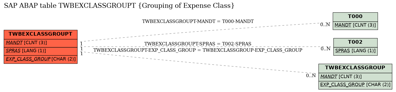 E-R Diagram for table TWBEXCLASSGROUPT (Grouping of Expense Class)