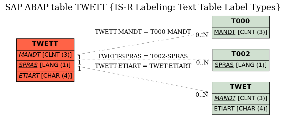 E-R Diagram for table TWETT (IS-R Labeling: Text Table Label Types)