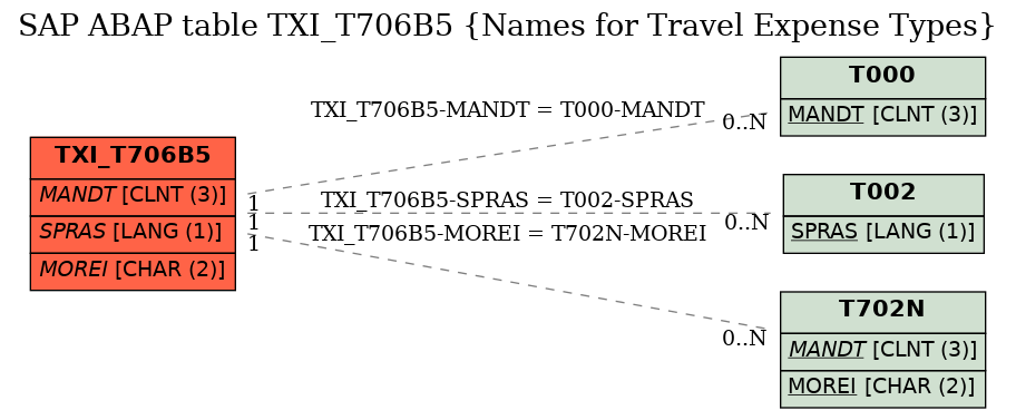 E-R Diagram for table TXI_T706B5 (Names for Travel Expense Types)
