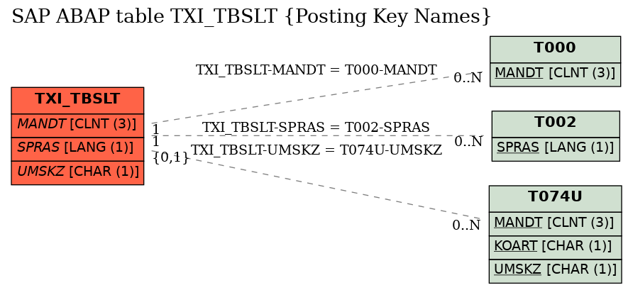 E-R Diagram for table TXI_TBSLT (Posting Key Names)