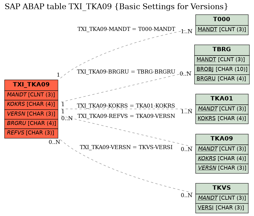 E-R Diagram for table TXI_TKA09 (Basic Settings for Versions)