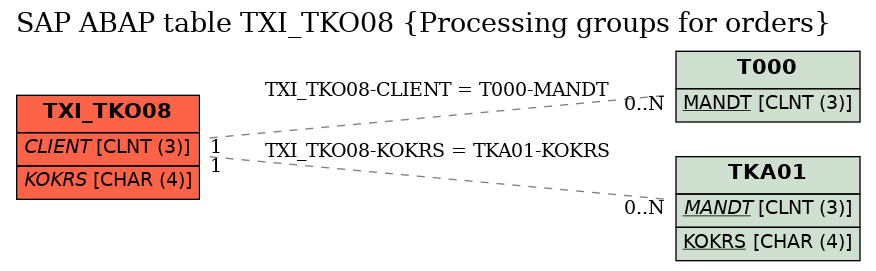 E-R Diagram for table TXI_TKO08 (Processing groups for orders)