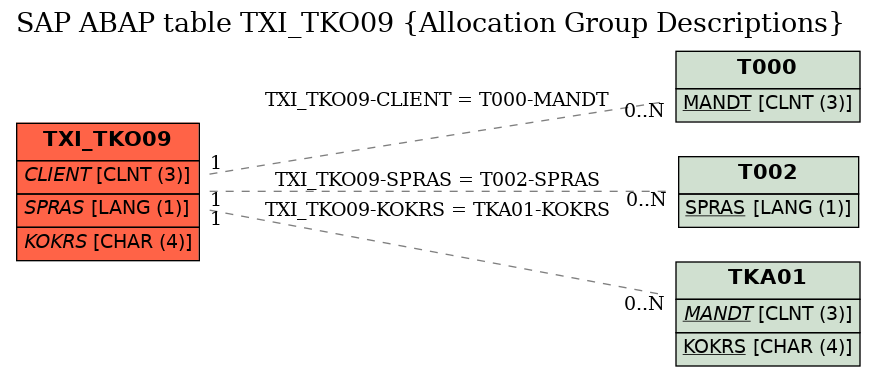 E-R Diagram for table TXI_TKO09 (Allocation Group Descriptions)