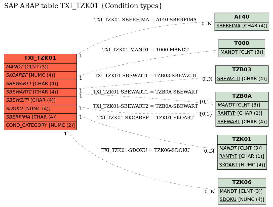 E-R Diagram for table TXI_TZK01 (Condition types)