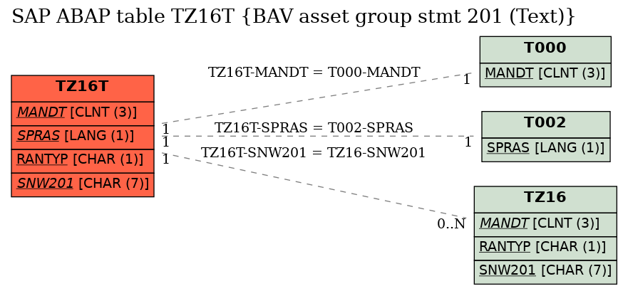 E-R Diagram for table TZ16T (BAV asset group stmt 201 (Text))