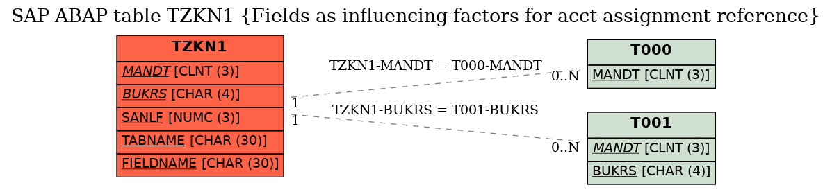 E-R Diagram for table TZKN1 (Fields as influencing factors for acct assignment reference)