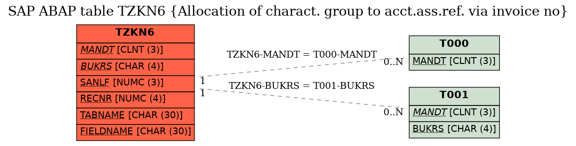 E-R Diagram for table TZKN6 (Allocation of charact. group to acct.ass.ref. via invoice no)