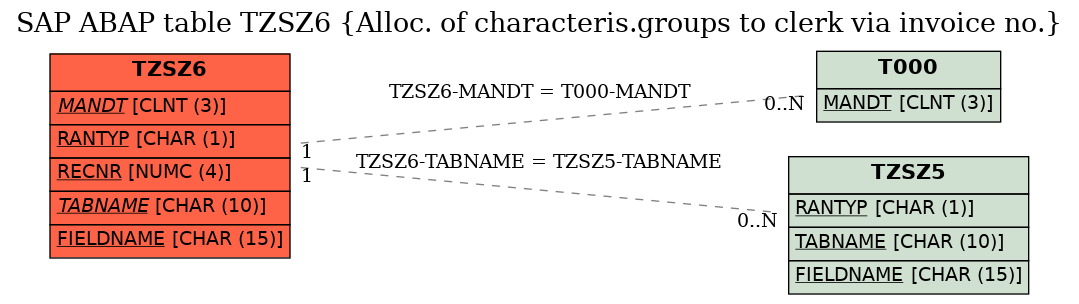 E-R Diagram for table TZSZ6 (Alloc. of characteris.groups to clerk via invoice no.)