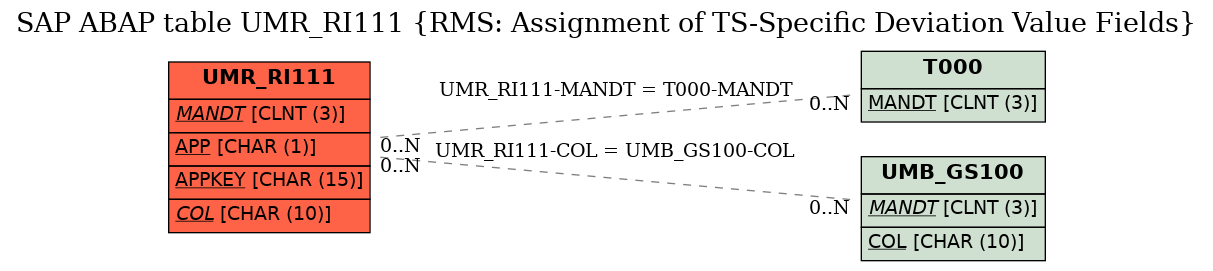 E-R Diagram for table UMR_RI111 (RMS: Assignment of TS-Specific Deviation Value Fields)