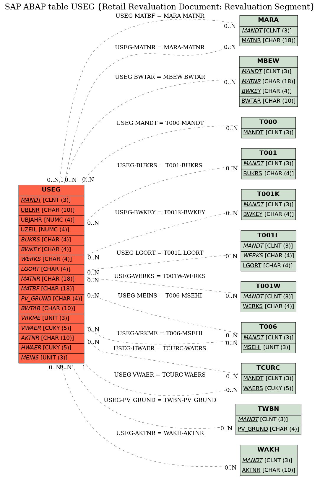 E-R Diagram for table USEG (Retail Revaluation Document: Revaluation Segment)