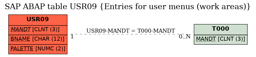 E-R Diagram for table USR09 (Entries for user menus (work areas))