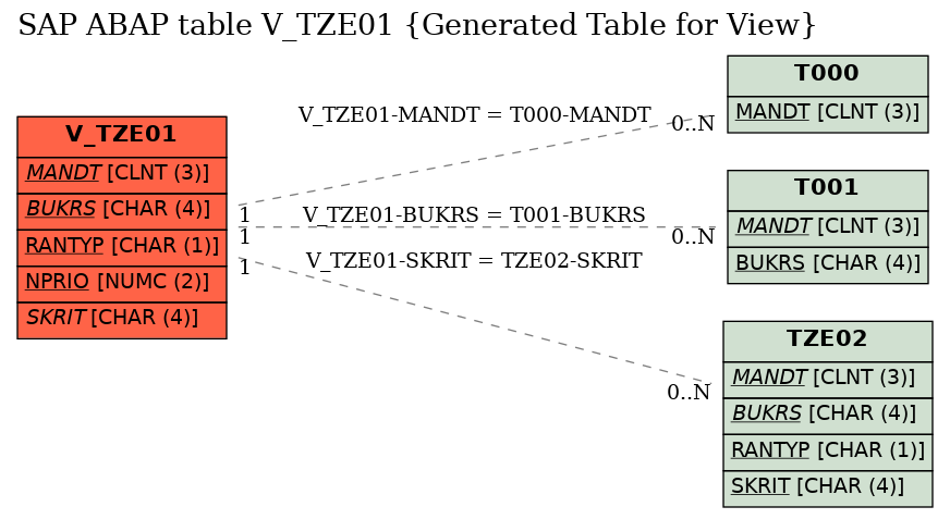 E-R Diagram for table V_TZE01 (Generated Table for View)