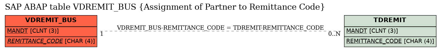 E-R Diagram for table VDREMIT_BUS (Assignment of Partner to Remittance Code)